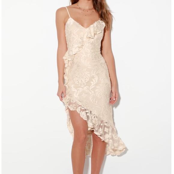 Lulus NWT Harmony Song Ivory Burnout Velvet Ruffled High-Low Midi Dress XS - Picture 1 of 10